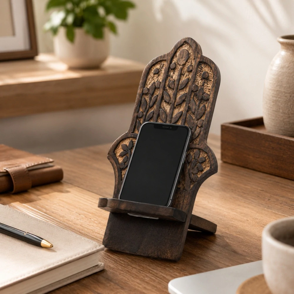  Dřevěný Vyřezávaný Stojan na Telefon - Hamsa 20x9.5cm